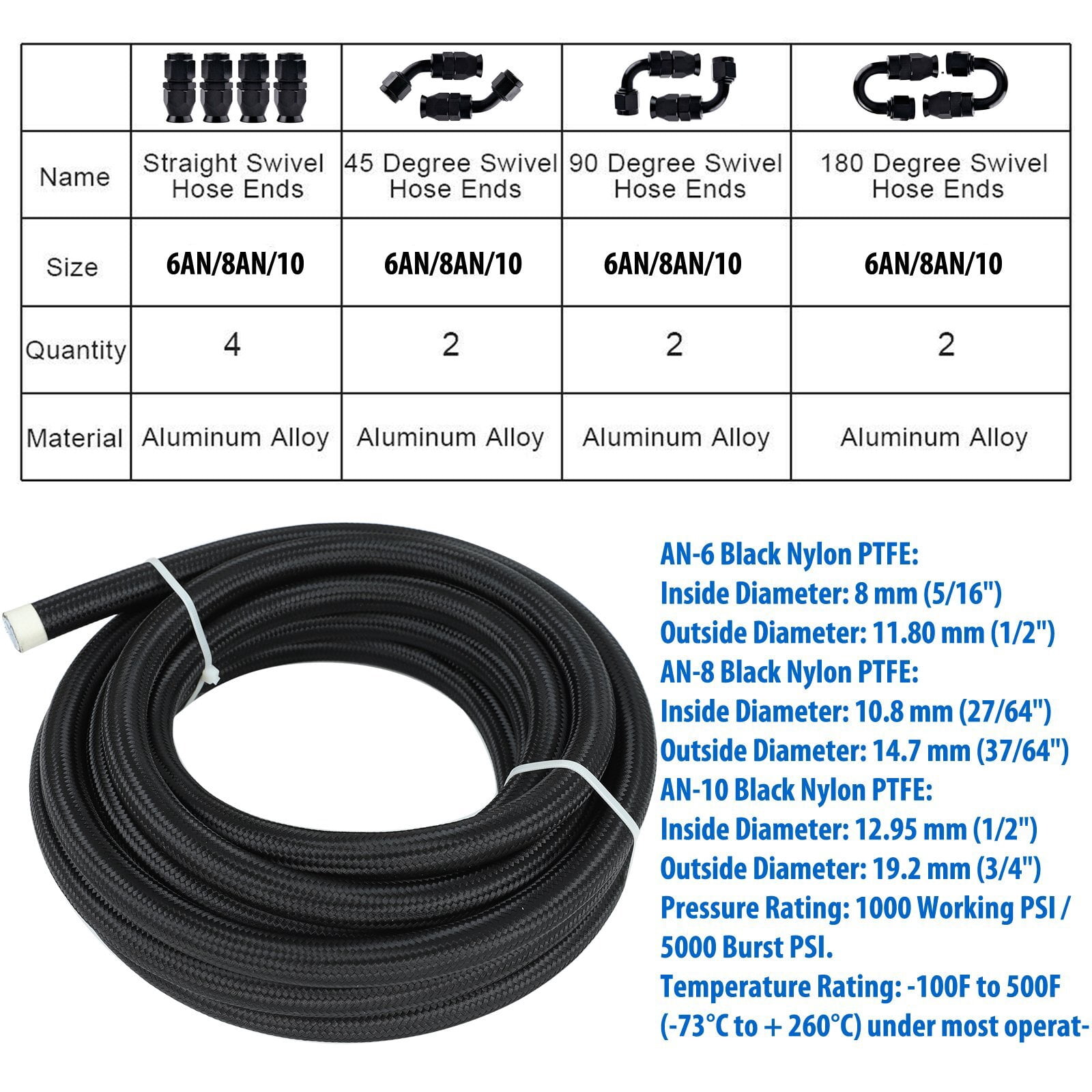 8AN -AN8 Black 20ft Nylon Braided PTFE Fuel Line 10 Fittings Hose Kit for E85