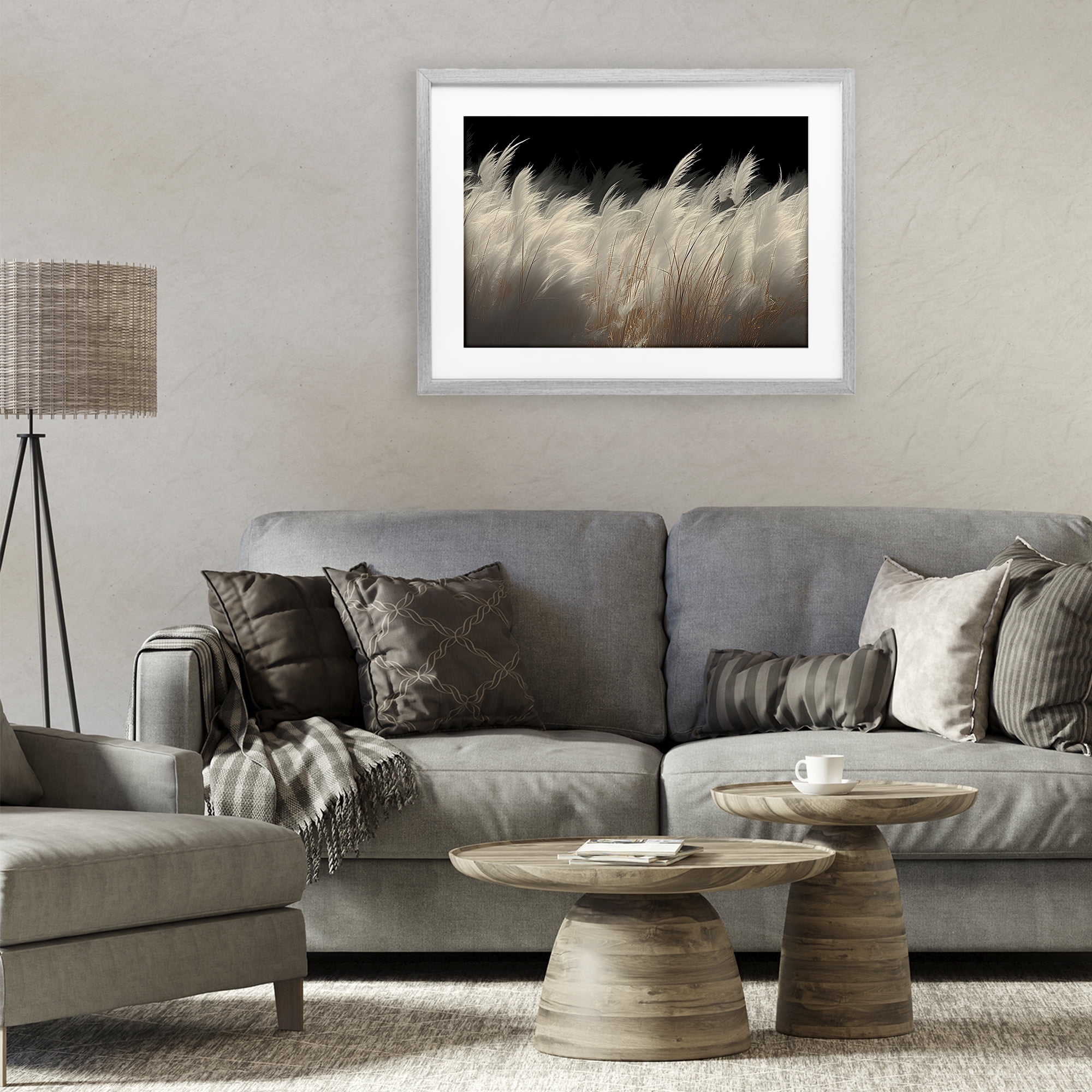 White Feathers Windblown Grasses Gray Framed Print Under Glass, design by Decent Exposures
