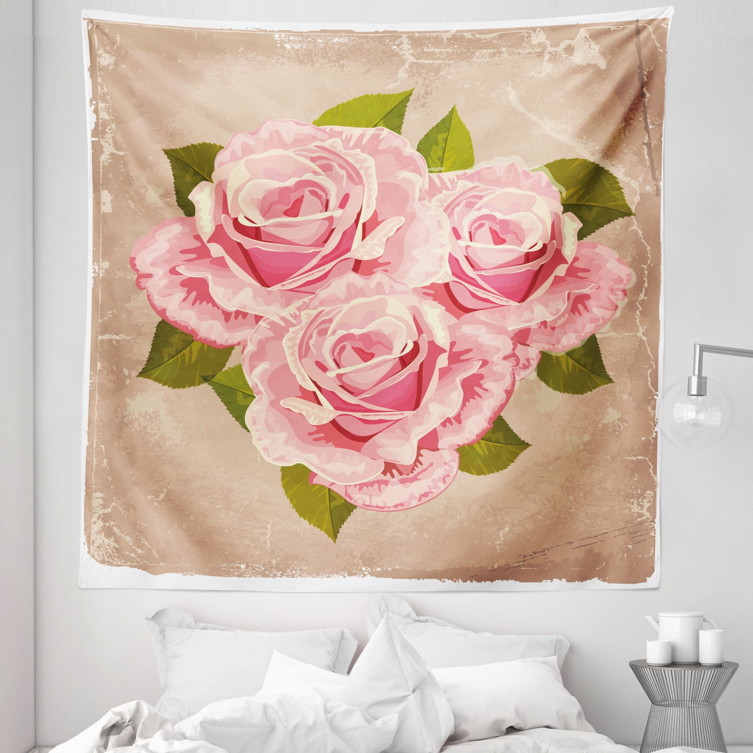 Rose Tapestry Pink Bouquet of Roses Retro Design Nature Love Romance Theme Grunge Display Fabric Wall Hanging Decor for Bedroom Living Room Dorm 5 Sizes Tan Pale Pink Green by Ambesonne