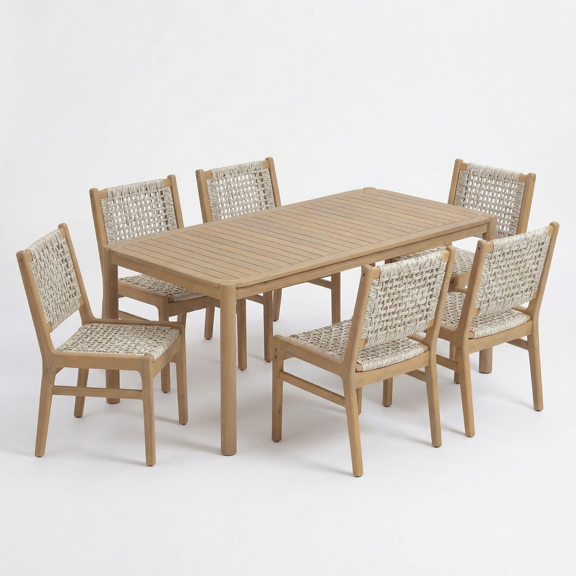 Christopher Knight Home 7-Piece Boho Patio Wooden Dining Set, Rectangular Table with Wicker Chairs, Light Gray