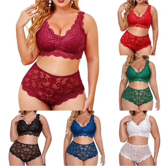 Huowey Bras For Women Solid Color Plus Size V Neck High Waist Floral Lace Bra And Panty 2 Piece Set Underwire Brassiere,Wine