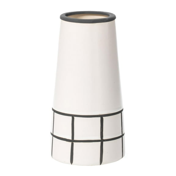 Ceramic Modern Painted Grid Tapered Flower Table Vase, Black and White