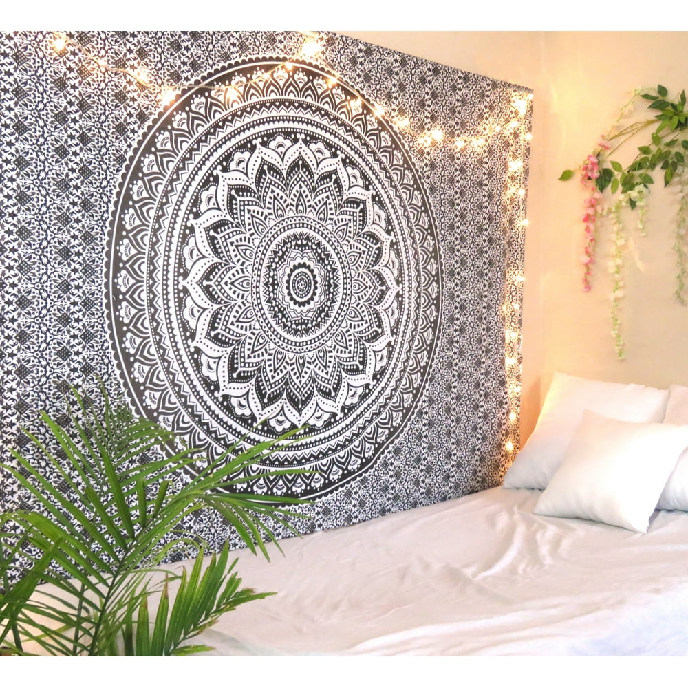 Gray Ombre Mandala Tapestry Twin Size Boho Dorm Room Wall Hanging