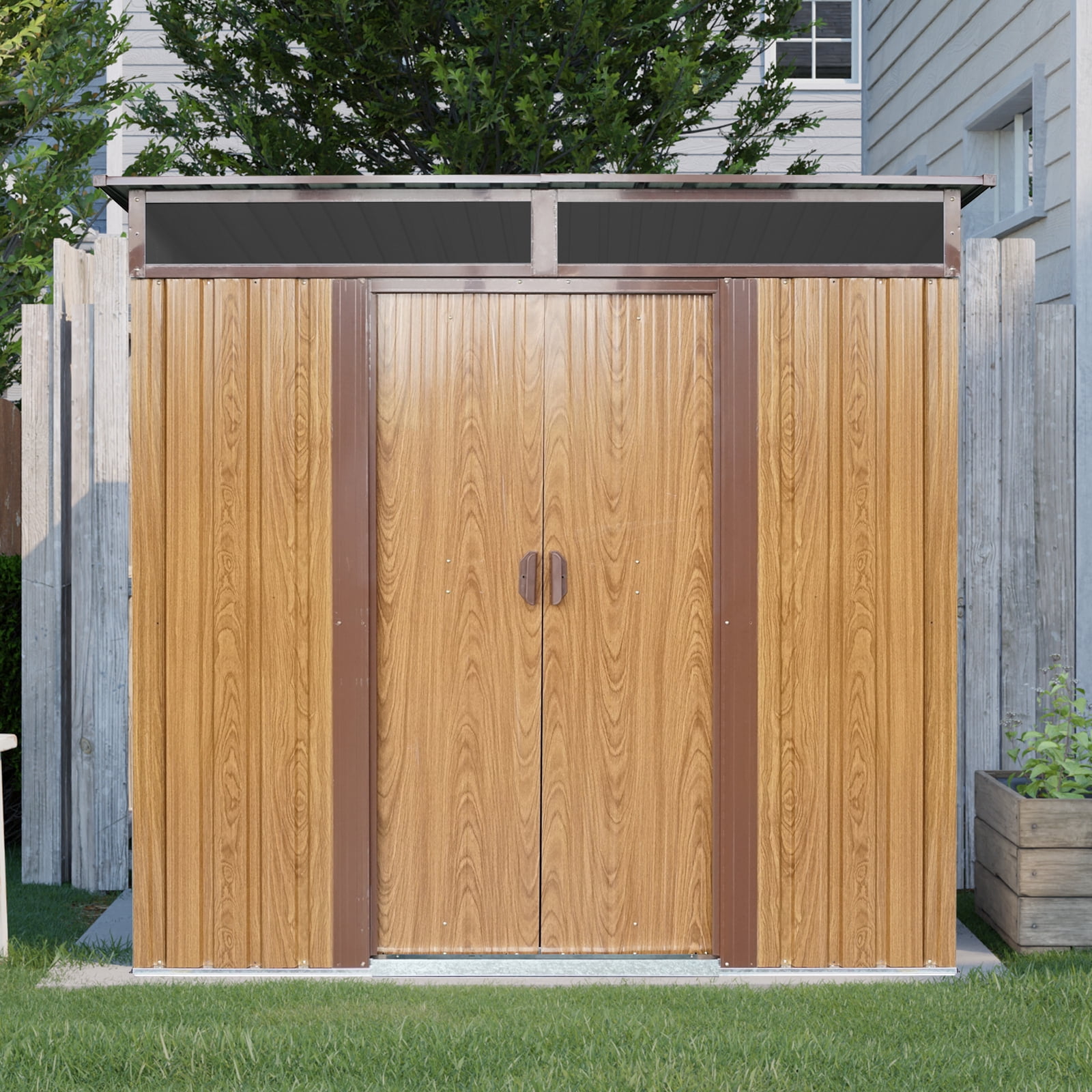 Alvantor Outdoor Storage Shed 6 x 5 Ft Metal Garden Shed with Window and Transparent plate for Backyard, Garden Coffee