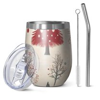12oz Stemless Wine Tumblers Beige Christmas Tree Pattern Vacuum Insulated Stainless Steel Travel Tumbler Cups Mug with Lid and Straw for Champaign,Cocktail,Beer with Cleaning Brush