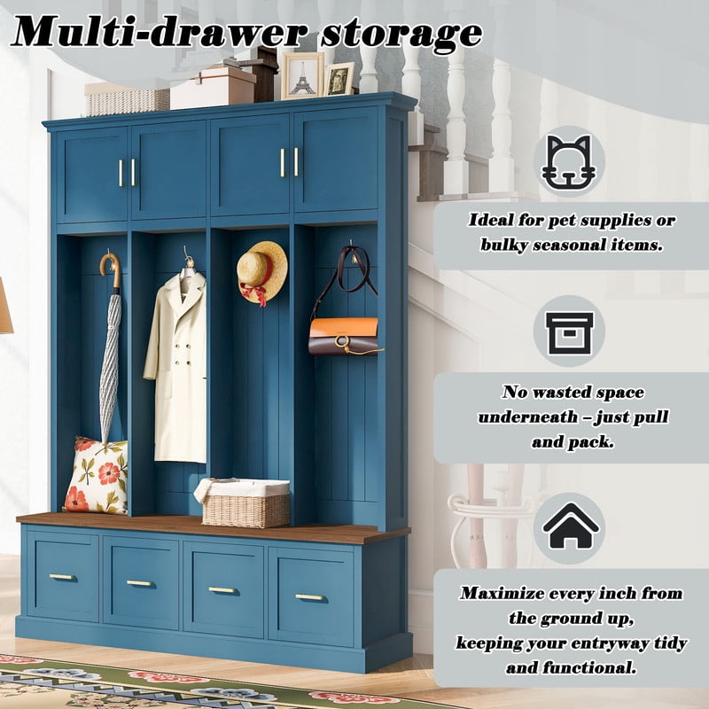 Farmhouse Hall Tree Entryway Storage Bench with Top Storage Cabinets, Mudroom Organizer Shoe Bench with 4 Drawers, Entryway Coat Rack with Hooks for Living Room Hallway