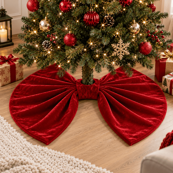 Red Velvet Bow Christmas Tree Skirt, 35.4 x 17.7 in Decorative Tree Base Cover with Center Opening, Soft Holiday Tree Decor for Living Room