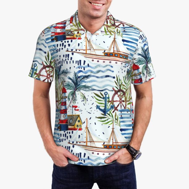 Fotbe Watercolor Sailboat Camiseta Polo de Golf para Hombre con Estampado – Camisa Deportiva Transpirable con Cuello Abotonado-3X-Large
