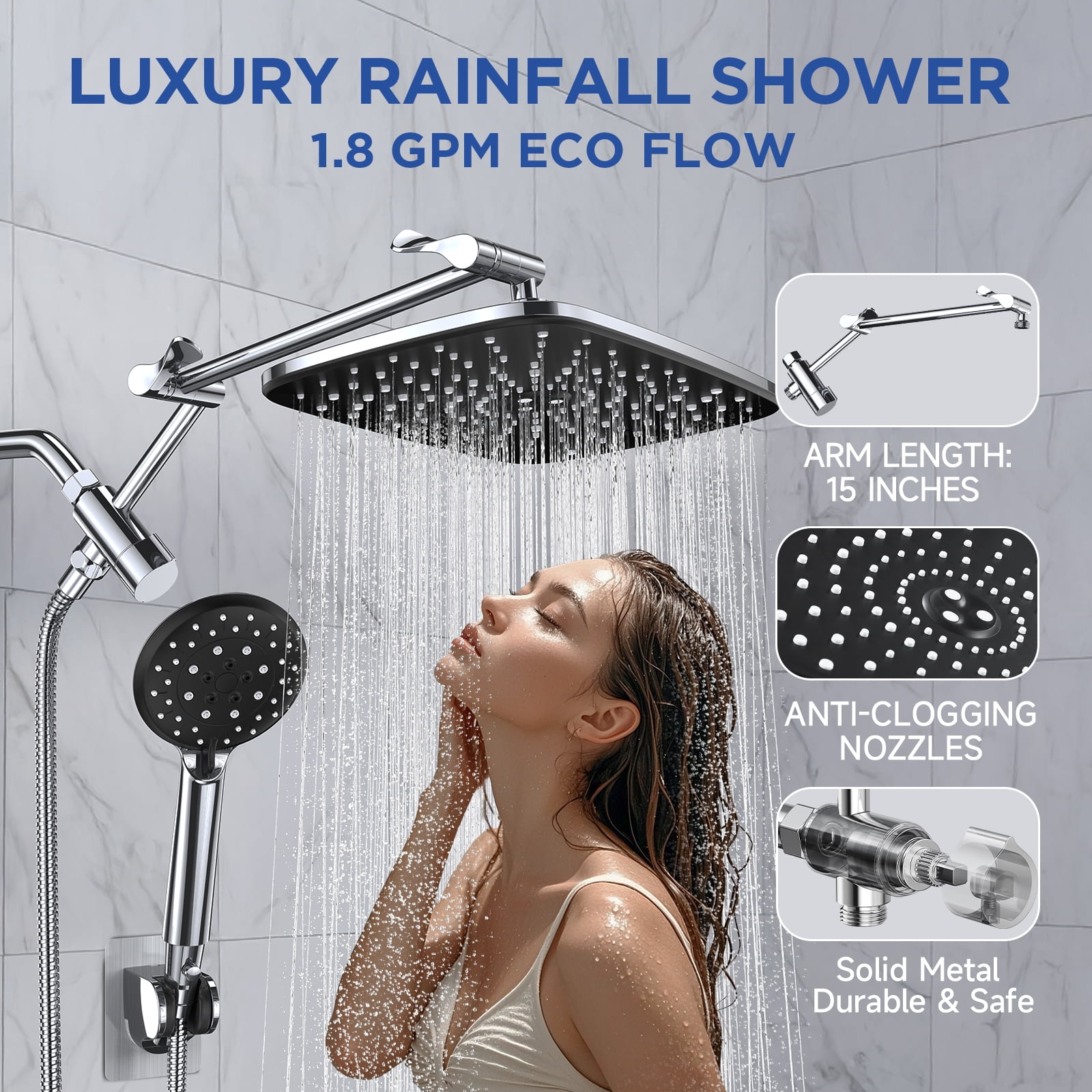 Ophanie 12 Inch Coverage High Pressure Rain Shower Head Combo with Adjustable Extension Arm, Wide Rainfall & 5 Modes Handheld Showerhead, Dual Anti-Clog Nozzles for Ultimate Experience, Silver Chrome