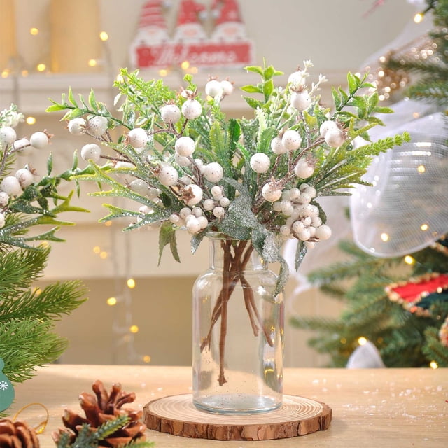 Arreglo floral de flores de frutos rojos y ginkgo de Navidad | Ramas de plástico blancas | Decoración de caja de regalo de 26 cm | Centro de mesa festivo para las fiestas | Reutilizable de larga