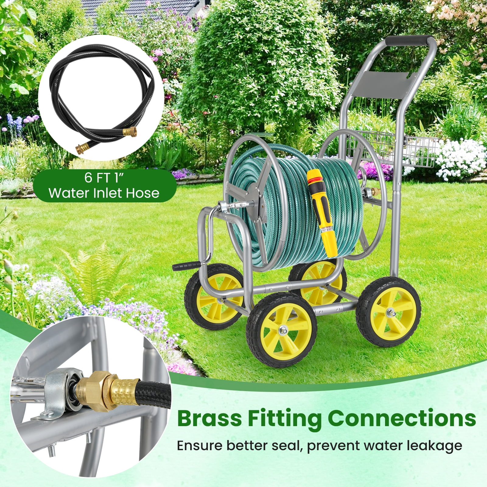 Gymax Garden Hose Reel Cart 300 FT of 5/8'' Large Capacity Heavy-Duty Metal Hose Cart Silver