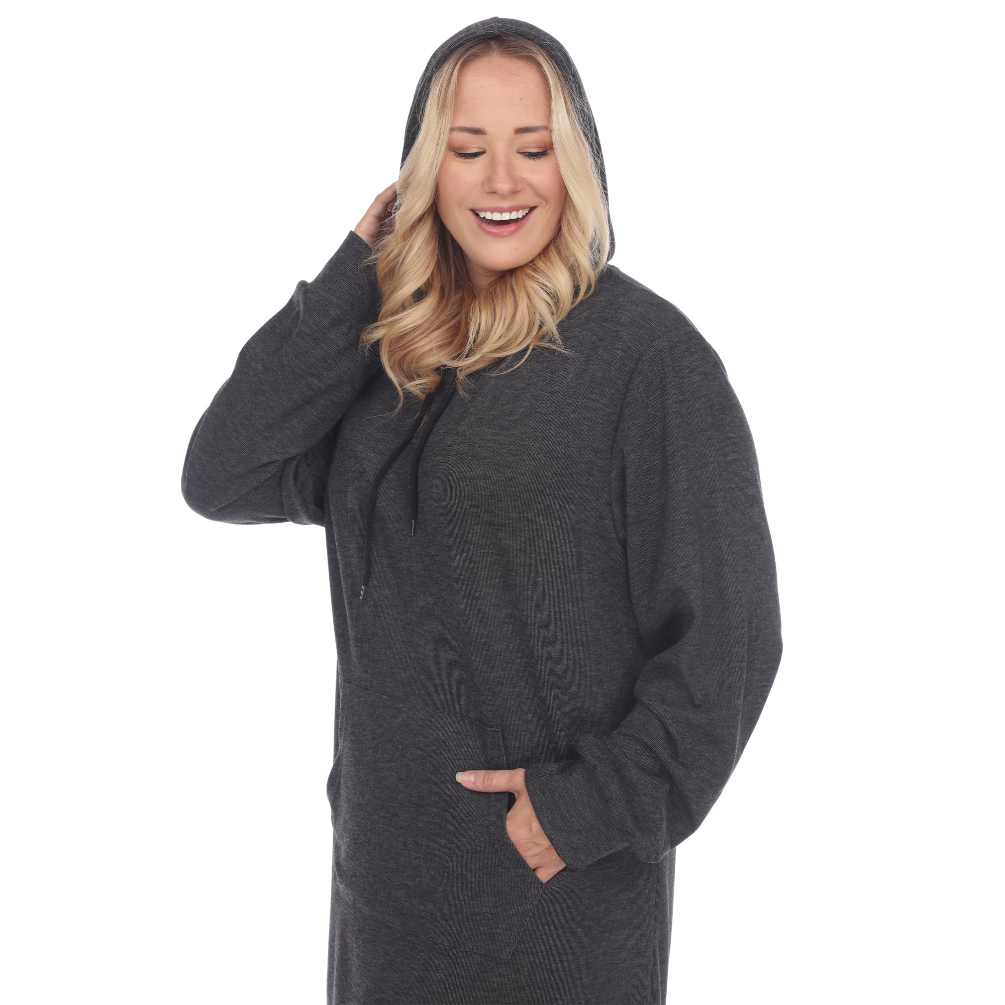 White Mark Plus Size Hooded Pullover Kangaroo Pocket Fleeced Textured Cozy Sweatshirt Dress
