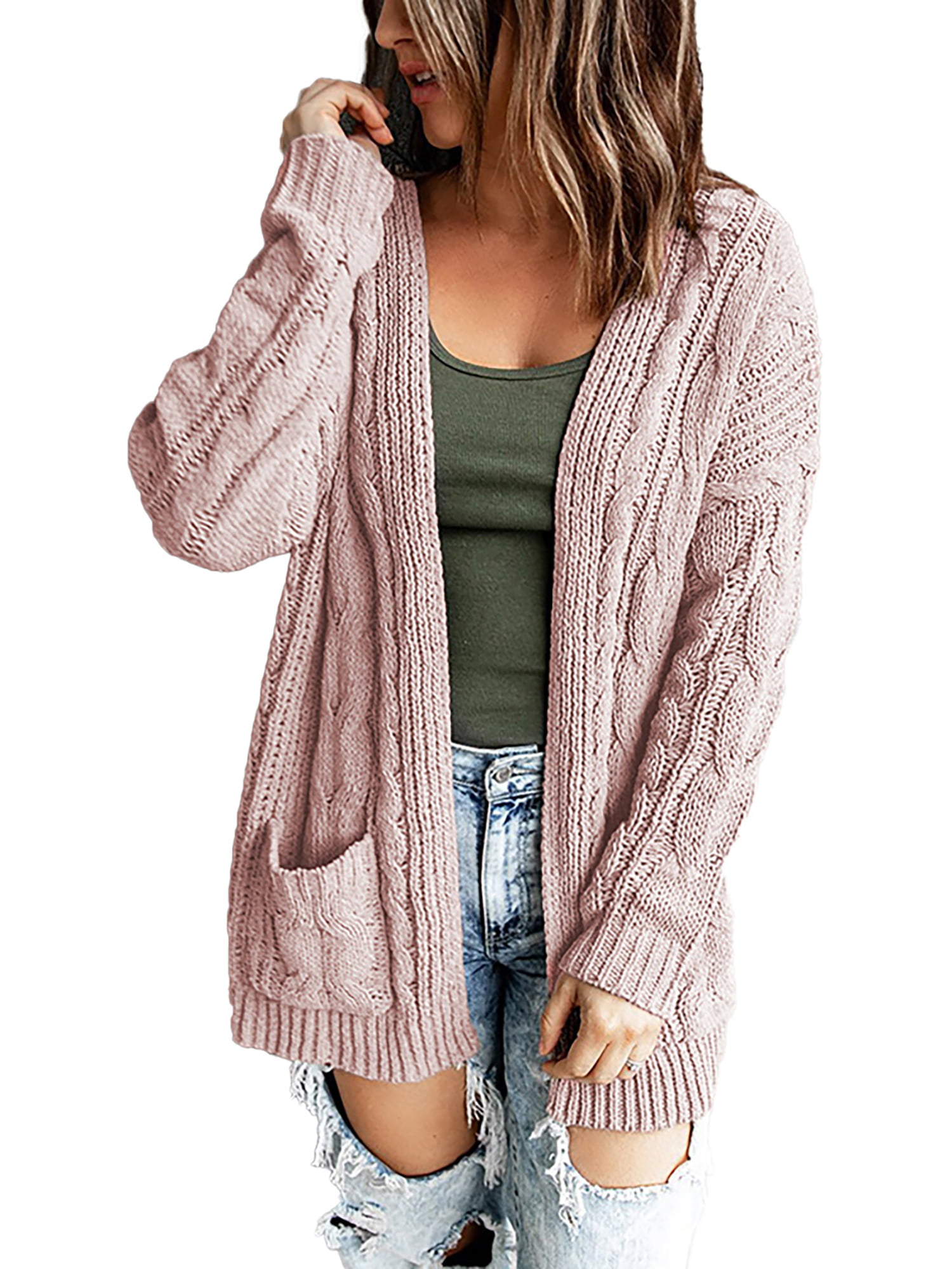 JULYCLO Womens Cable Knit Long Sleeve Cardigans Open Front Buttons Sweater with Pockets Apricot Medium 