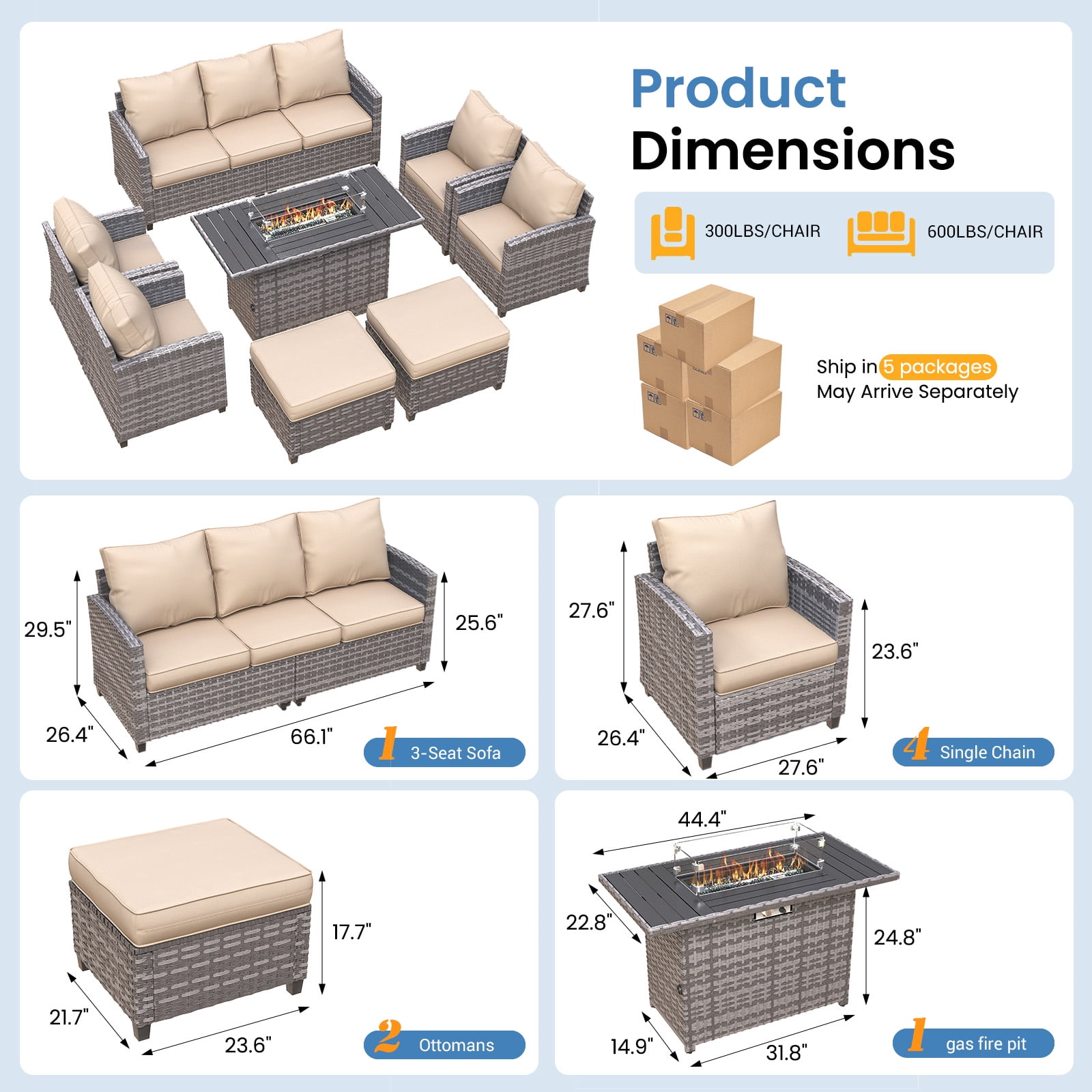 ELPOSUN 7 Pieces Outdoor Patio Furniture Set with Fire Pit Table, Outdoor Wicker Sectional Patio Conversation Set with Ottoman for Garden, Poolside, Backyard, Khaki Cushion