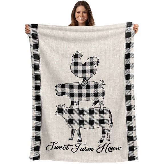 Vintage Farmhouse Animals Throw Blankets, Black White Plaid Cow Pig Chicken Soft Fleece Blanket Decorative for Home Sofa Couch Chair Living Bedroom, 60x80 inches,