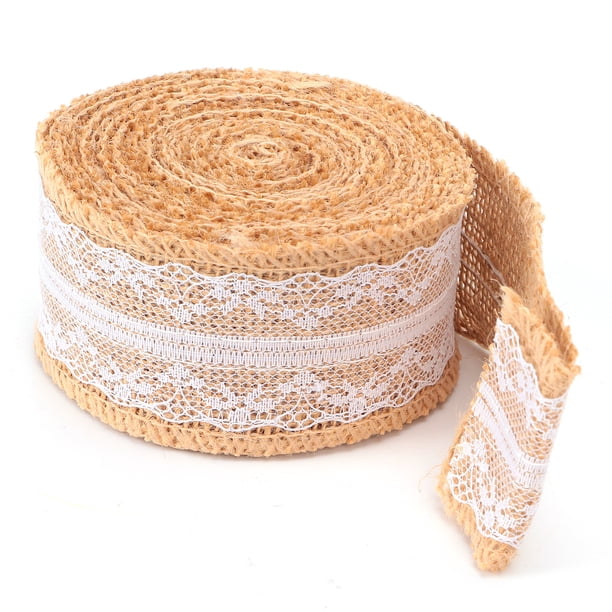 Cinta de arpillera con encaje blanco, rollo de yute natural para decoración de bricolaje, embalaje de regalo, encaje medio de 5 yardas y 5cm