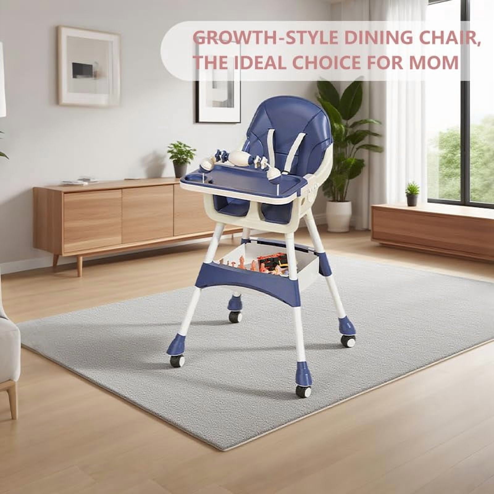 Portable Baby High Chair for Babies & Toddlers, Multi-Use Easy-Clean Feeding Chair with Lockable Wheels and Toy Storage Basket, Blue