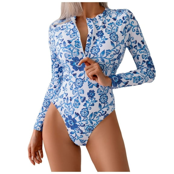 Wamejoo Long Sleeve Swimsuits for Women Rash Guard UPF 50  Modest One Piece Surfing Full Coverage Bathing Suit Swimwear (Blue, XL)