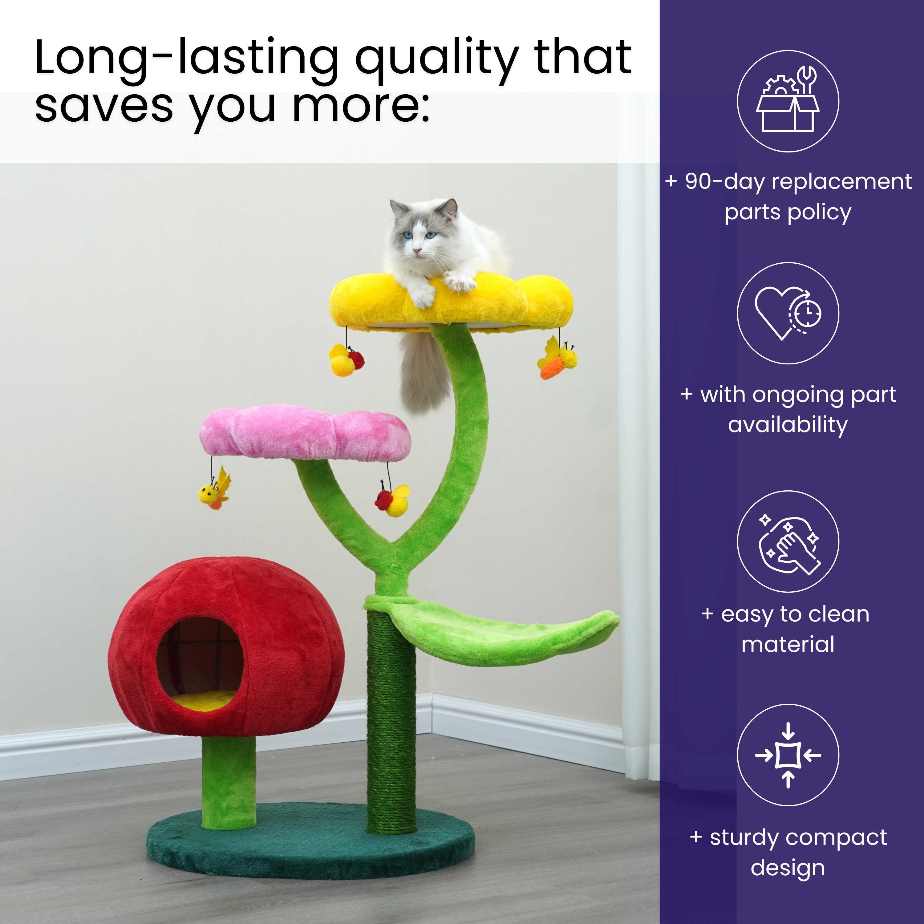 Catry Mushroom Flower Cat Tree with Hammock, Replaceable Sisal Scratching Post, Fruit Hideaway Condo