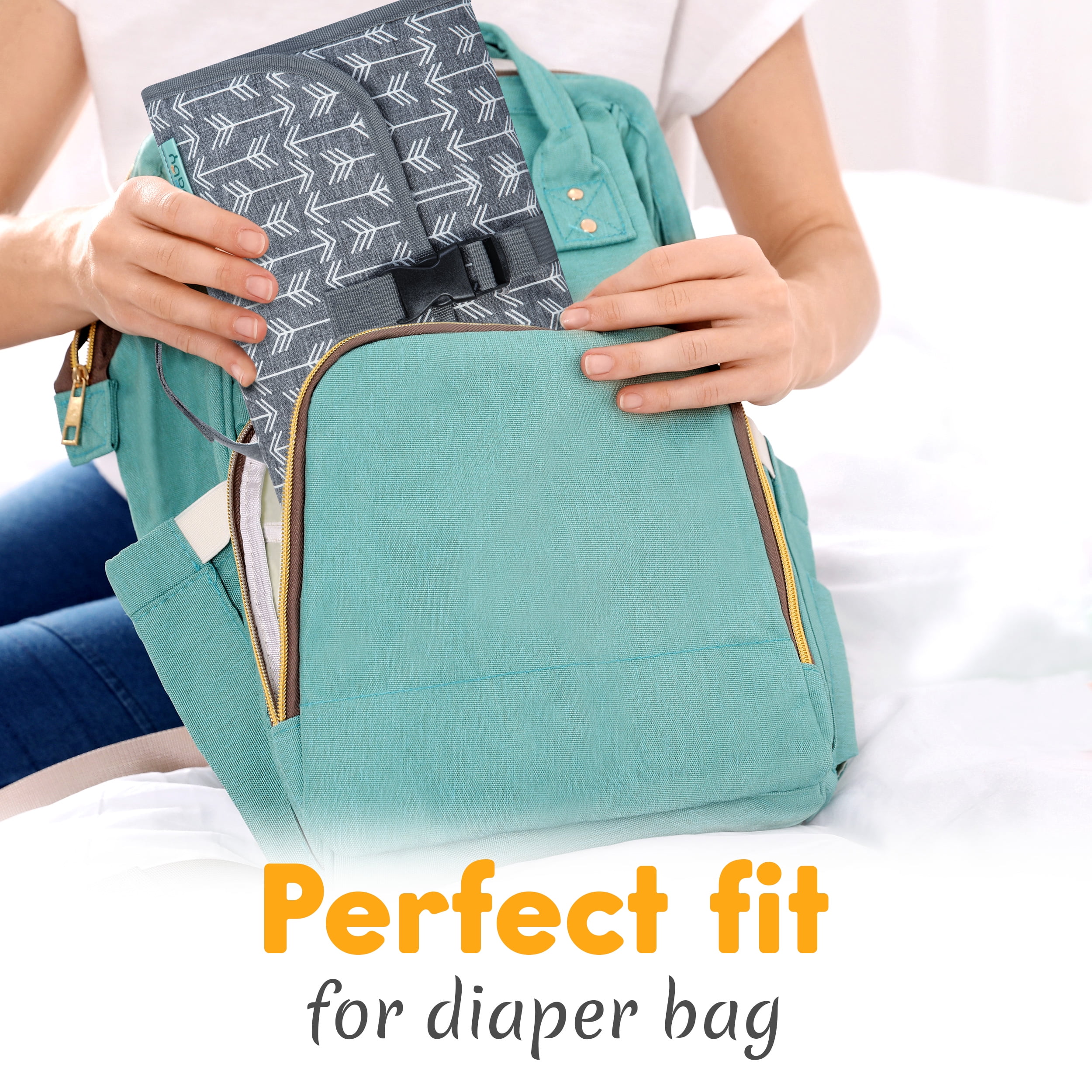 Kopi Baby Portable Diaper Changing Pad Travel Bag with Built-In Pillow, Reversible Wipes Pocket, Foldable Changing Mat, Gray Arrow, Premium