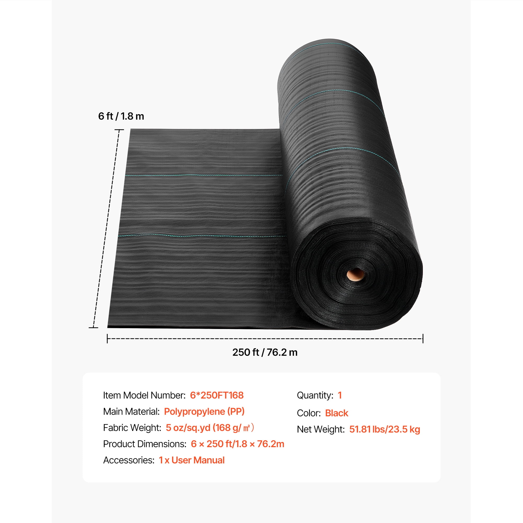 KFFKFF Durable Weed Barrier Fabric, 6x250FT 5oz Landscape Material, Woven Ground Cover for Weed Control, Gardening Mat, Geotextile Webbing, Black