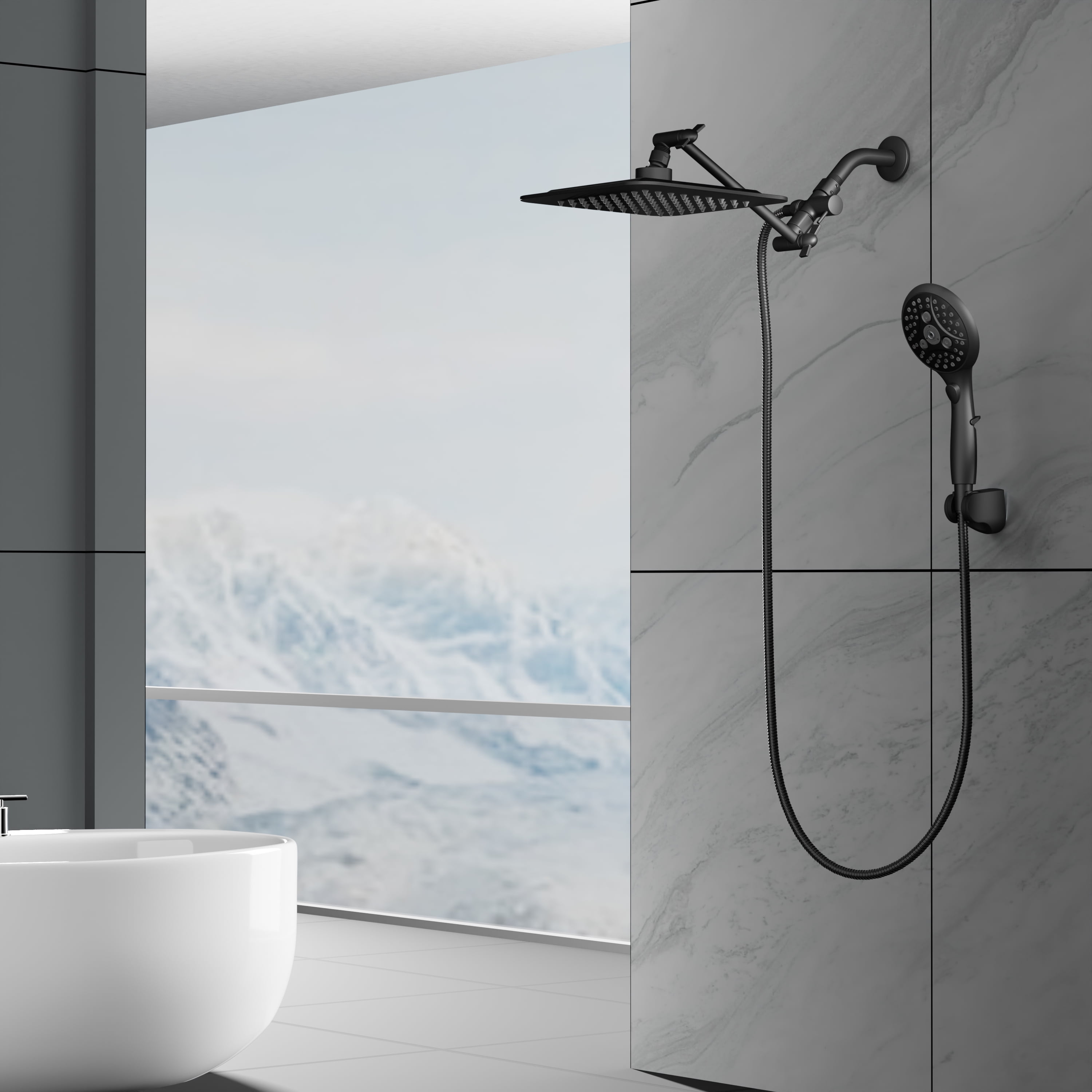 VXV 7-Setting Shower Head, 8” Rain Shower Head with Handheld Spray Combo, 11" Extension Arm Height Adjustable, High Pressure Shower Heads, Matte Black