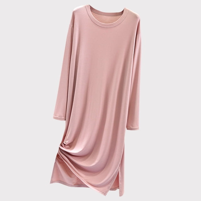TopLLC Longues Robe à Manches Col Rond Mode Femmes Été Décontracté Robe Col Rond Confort Ample Ameublement Maison Couleur Unie Polyvalente Mince Jupe à Manches Longues Pyjama Robe Femmes
