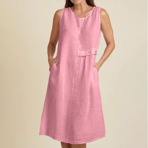 Ailaofu Women's Slub Linen Cotton Sleeveless Button Down Dress with Pockets Summer Beach Dress