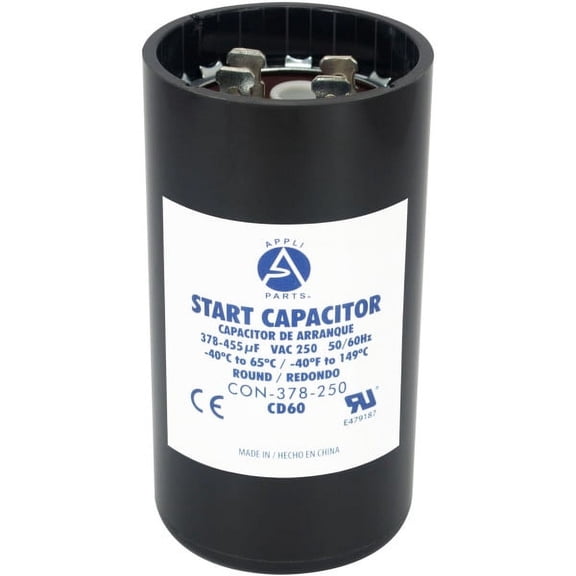 Appli Parts motor start capacitor 378-455 Mfd (microfarads) uF 250 VAC universal fit for electric motor applications 1-3/4 in Diameter 4-3/8 in Height CON-468-250