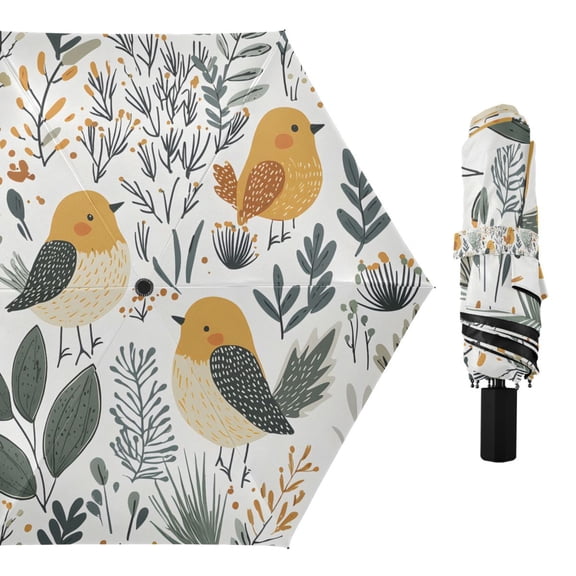Cute Birds and Plants Compact Sun Umbrella Windproof Travel Umbrellas for Rain Strong Portable UV Protection
