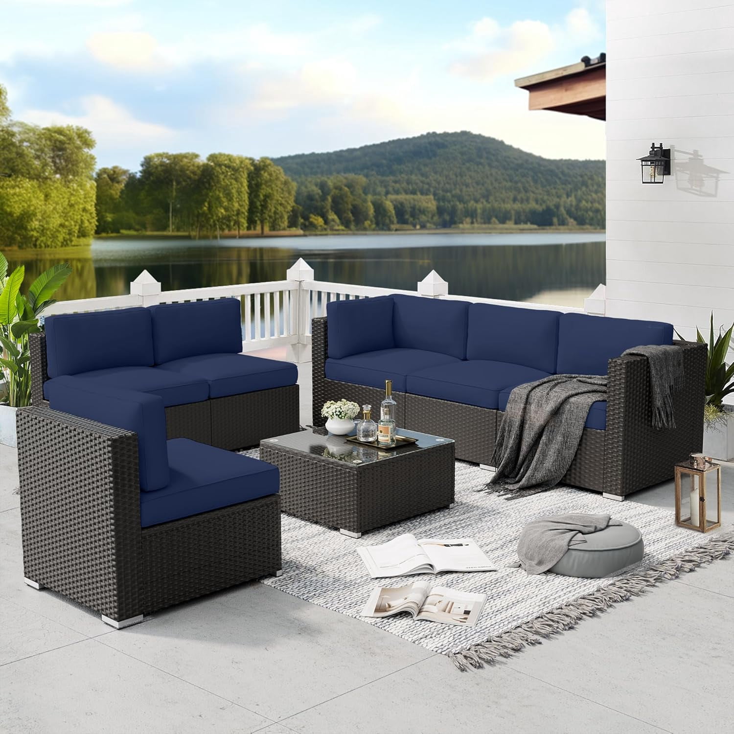 SUNCROWN 7-Piece Outdoor Patio Furniture Sofa Set All-Weather Black Wicker Sectional Cushioned Washable Seat Conversation Set with Modern Glass Coffee Table and Cushions (Dark Blue)