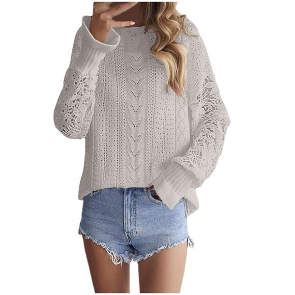 WRKEKC Sweaters for Women Solid Color Crew Neck Hollow Out Long Sleeve Pullover Sweaters for Fall Winter Daily Casual Office Wear