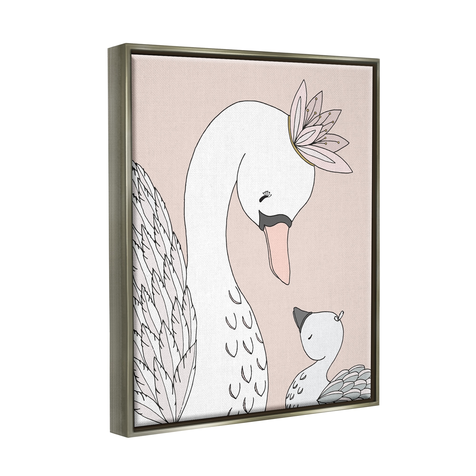 Stupell Industries Mother & Baby Swan Flower Crowns Princess Animals Graphic Art Luster Gray Floating Framed Canvas Print Wall Art, Design by Sweet Melody Designs