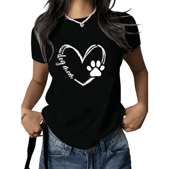 Black Heart Paw Dog Mom Trendy Tshirt Printed Tees Shirts Dog Lover Mothers Day Gift Pet Owner Casual Vacation S-5XL Tops