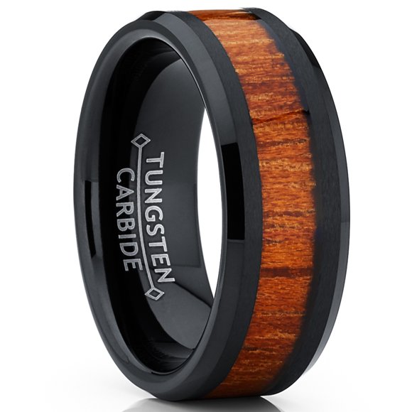 Men's Black Tungsten Carbide Wedding Band Ring, Real Wood Inlay Comfort Fit 8mm 10