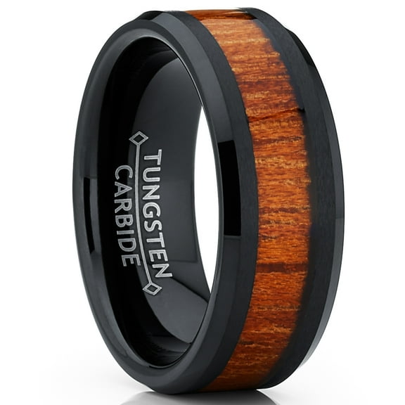 Metal Masters Mens Black Tungsten Carbide Wedding Band Ring Wood Inlay Comfort-Fit 8mm 12