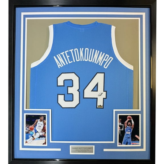 Framed Facsimile Autographed Giannis Antetokounmpo 35x39 Greece Light Blue Reprint Laser Auto Basketball Jersey