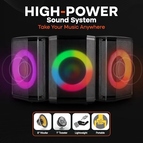 Pyle Portable Bluetooth Speaker with 8" Inch Woofer, TWS Function, Mic Input, USB/Micro SD/FM Radio, Colorful Ring Lights, 120W Rechargeable Battery, Tripod Stand, Hi-Fi Sound, Indoor/Outdoor Use