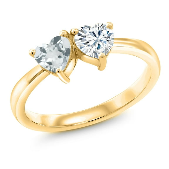 Gem Stone King 18K Yellow Gold Plated Silver Ring Set with Heart Shape Sky Blue Aquamarine and Moissanite Near Colorless (GH, Size 6) (0.92 Cttw, Size 6)