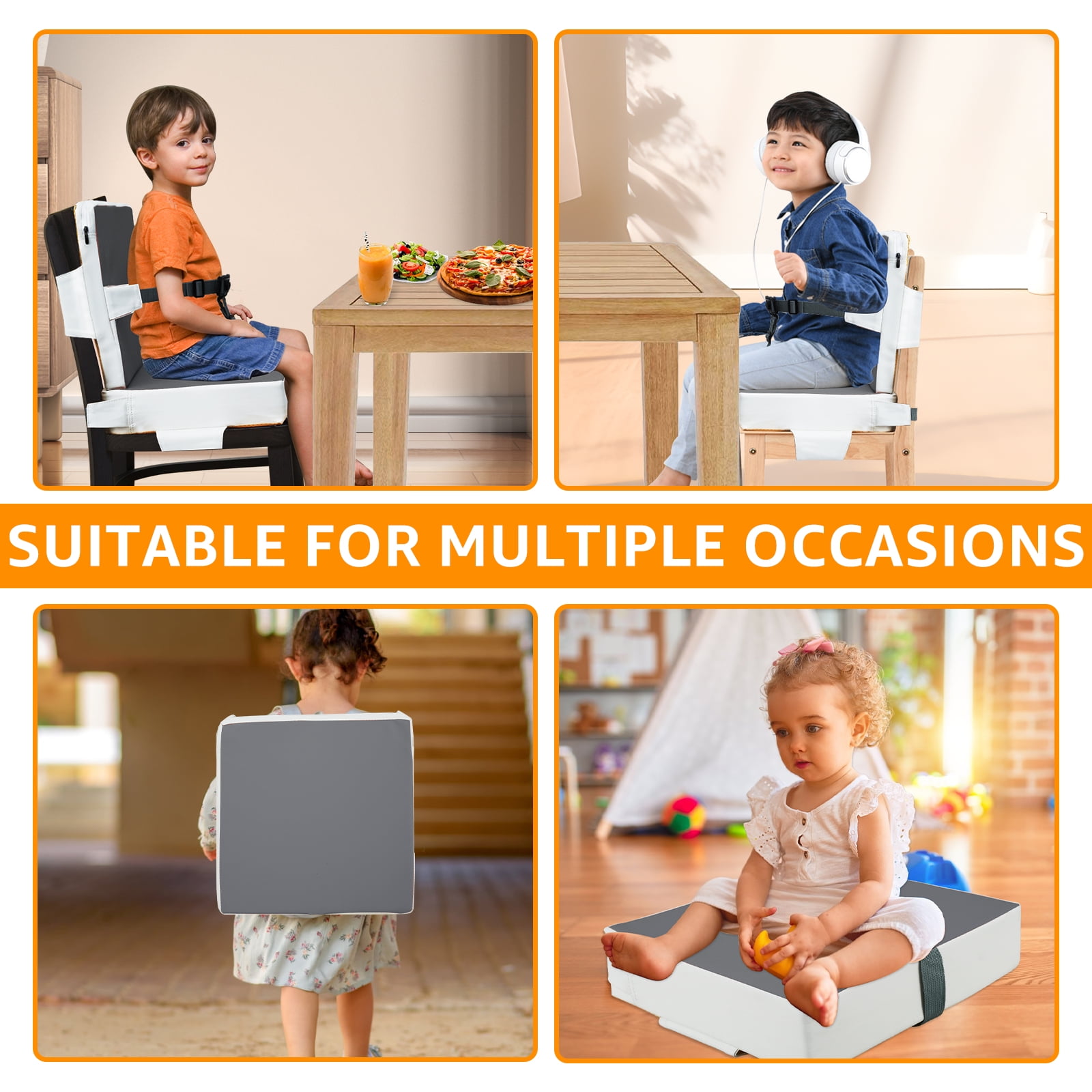 Dznils Toddler Booster Seat for Dining Table, with Backrest, Safety Buckles, Non-Slip Bottom, Gray