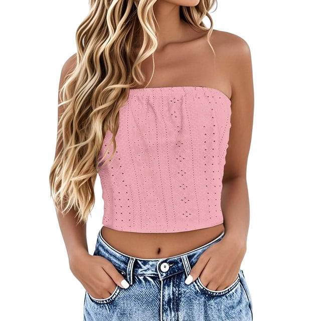 Xugsiok Hauts Tube Bandeau d'Été pour Femmes Sans Bretelles à Œillets Col Rond Camisole Tunique Décontractée de Vacances Blouse Active pour l'Entraînement