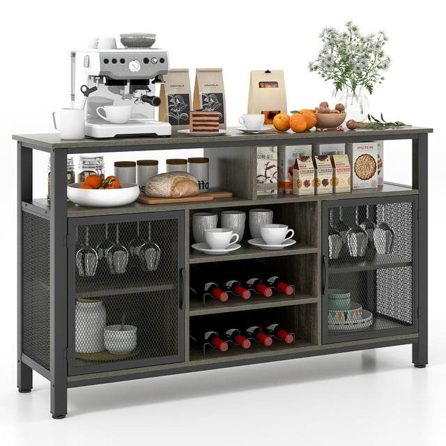 Gymax Wine Bar Cabinet 55-Inch Buffet Sideboard with 8-Bottle Wine Racks Gray