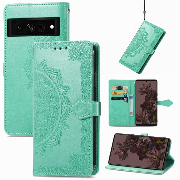 Decase for Google Pixel 6A Wallet Case, Shockproof PU Leather Emboss Floral Flower Wrist Strap Folio Magnetic Kickstand Card Slots Protective Cover, green