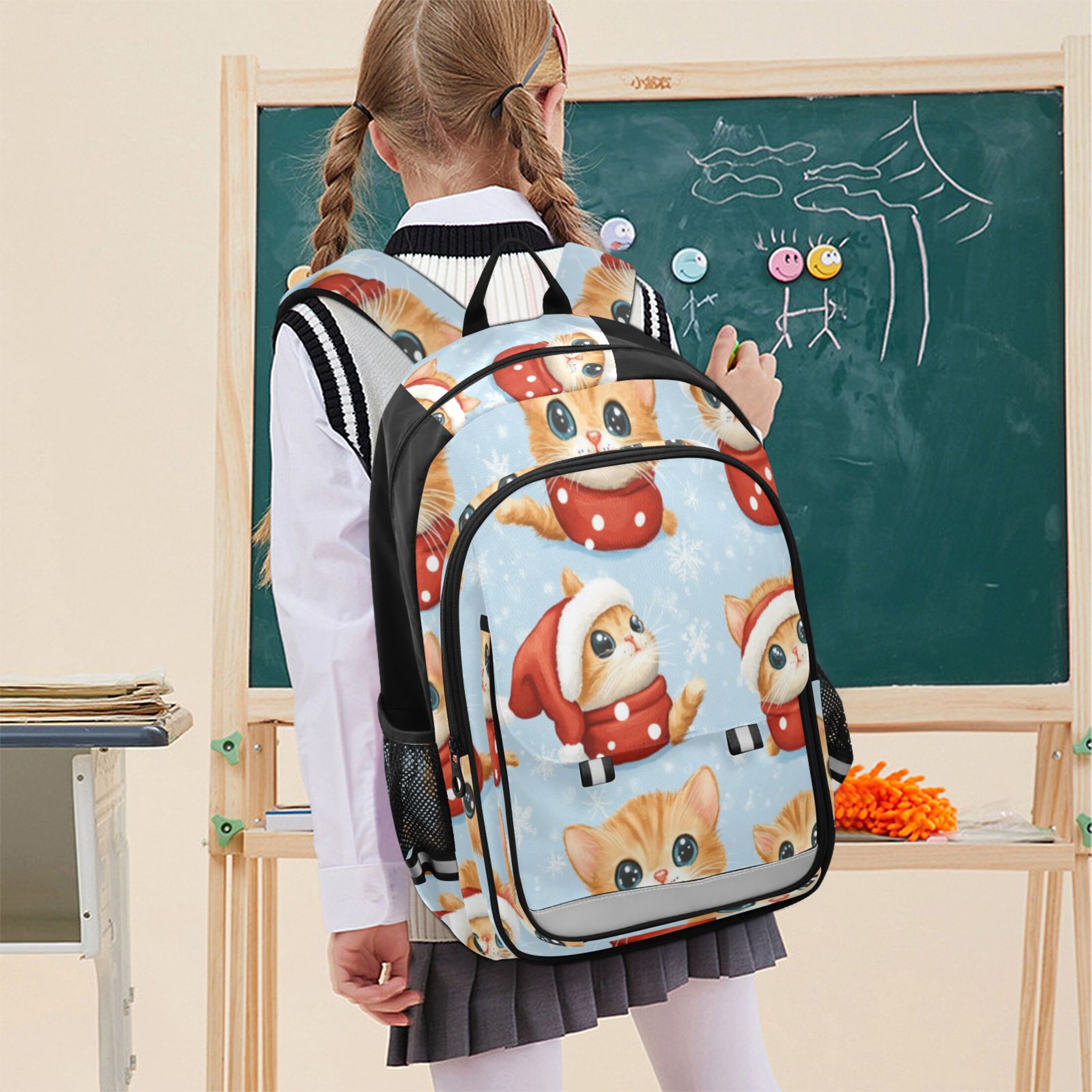 Backpack 12.9 *5.1 * 17.7 Inches Outing Backpack, Shopping Backpack, Travel Backpack Santa Hat Cat