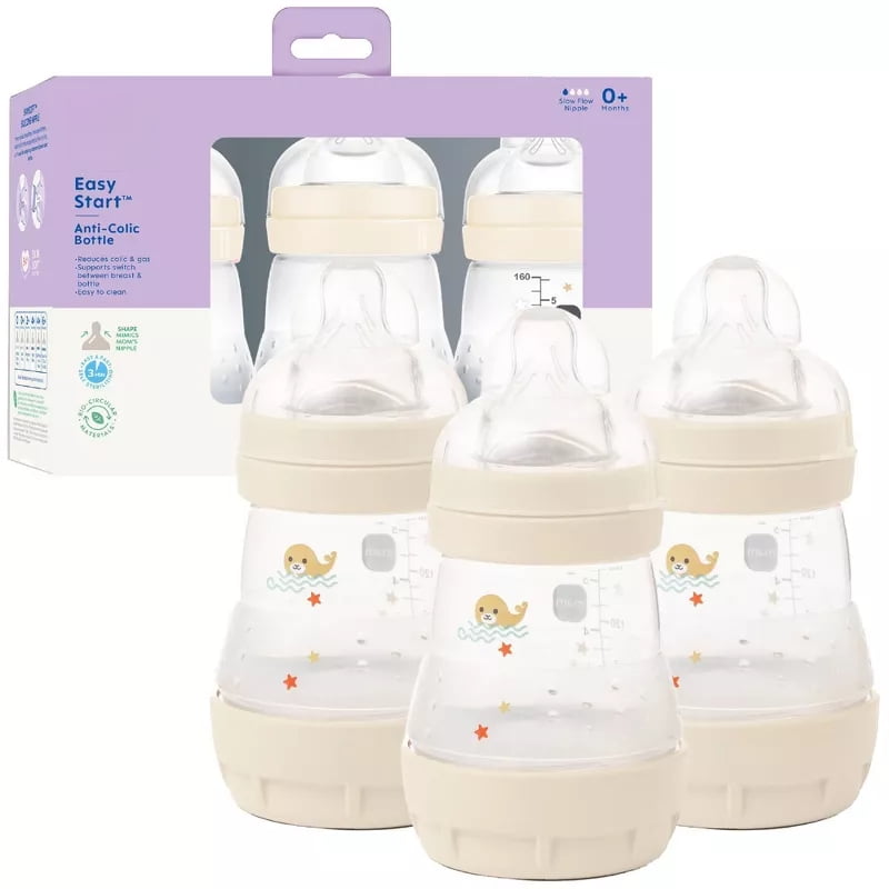 Easy Start Anti-Colic Baby Bottles, Cream, 5 oz/3 Pack, BPA-Free Plastic Bottles, Silicone Nipples, Level 1 Slow Flow, Newborn Infant Feeding Bottles, Wide Neck, Self-Sterilizing Design