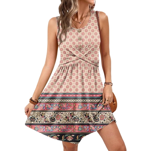 longantii Dresses for Women Fashion Button Down Sundresses Babydoll Dress Elegant Twist Button Front a Line Beach Boho Dresses Scoop Neck Sleeveless Wedding Guest Dresses 2026 Summer Multicolor M