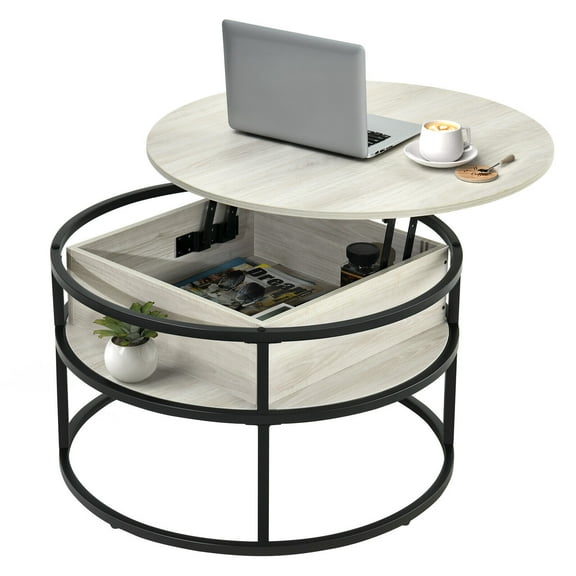 YSNW Round Lift Top Coffee Table with Storage, Farmhouse Coffee Tables for Living Room, Modern Coffee Table with Hidden Storage Compartment,White & Black-Lift Top