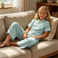 thumbnail image 6 of Amidoa Girls 2 Piece Outfits Summer Clothes Solid Color T Shirt Cute Ruffle Sleeve Short Sleeves Casual Pants Kids Clothing Sets Mint Green Size 8, 6 of 9