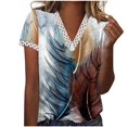 thumbnail image 2 of Hauts d'Été pour Femmes 2023 Mode Col en V Dentelle Patchwork Manches Courtes Haut Décontracté Blouse Dentelle Col en V Chemises Oversize pour Femmes, 2 of 5