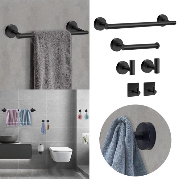 Riforla 6pc Stainless Steel Towel Bar Hanger Cloth Hook Paper Towel Rack Black Bathroom Accessories Perforated Bathroom Hardware Set Rack Black One Size